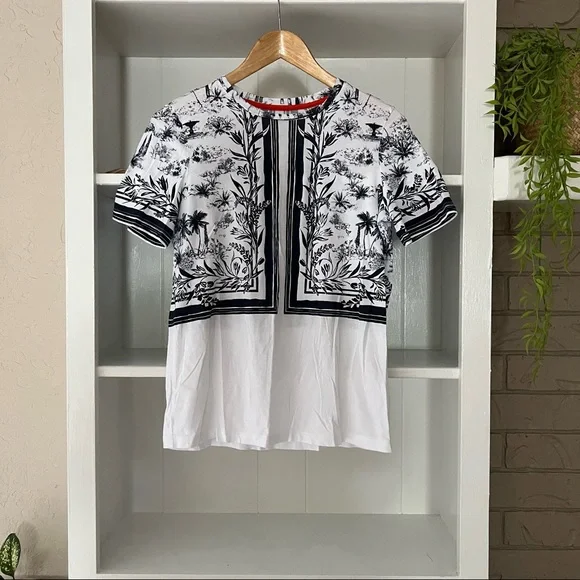 Tory Burch White & Navy Pima Cotton Short Sleeve Scoop Neck Plant Print Top - Picture 2 of 7